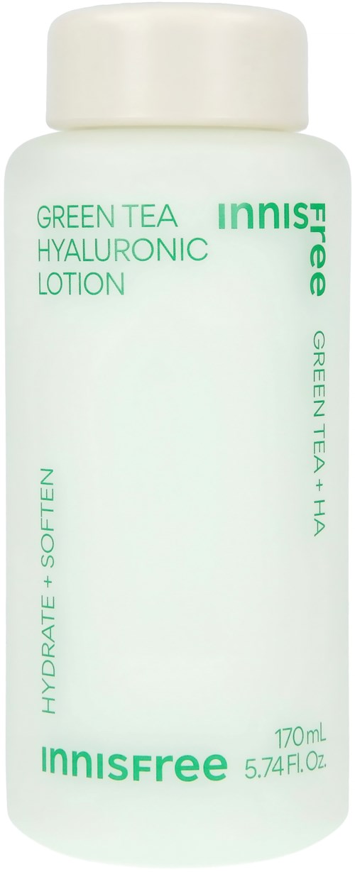 Een witte fles met groene tekst, gelabeld als Innisfree Green Tea Hyaluronic Lotion, 170ml, voor hydratatie en zachtheid van de huid.