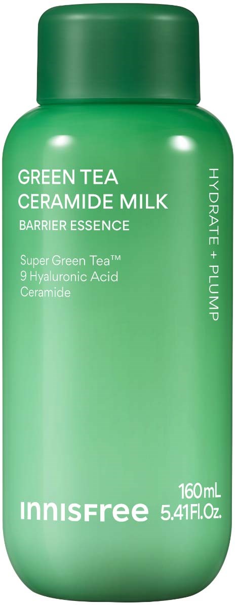Grön flaska med Innisfree Green Tea Ceramide Milk med etikett som specificerar ingredienser och produktstorlek.