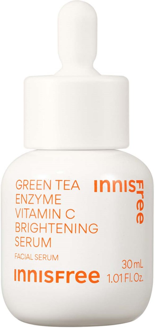Vit ansiktsserumflaska med orange text som säger Grönt te, Enzym, C-vitamin, Belysning Serum, 30 ml.