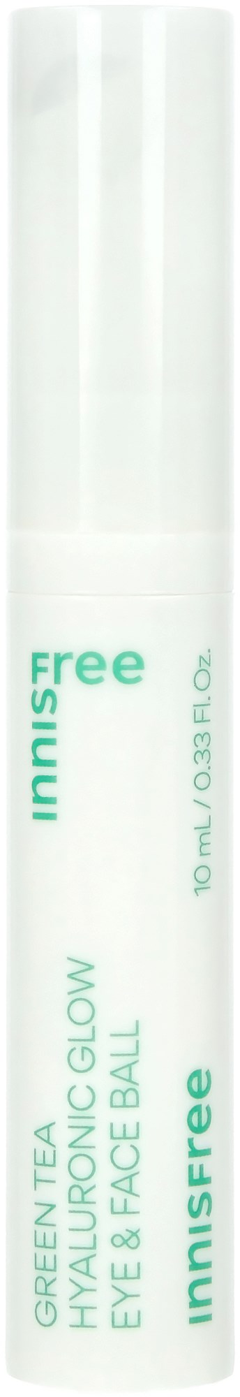 En vit tub med grönt text, märkt Innisfree, innehållande ett grönt te ögon- och ansiktgelé.