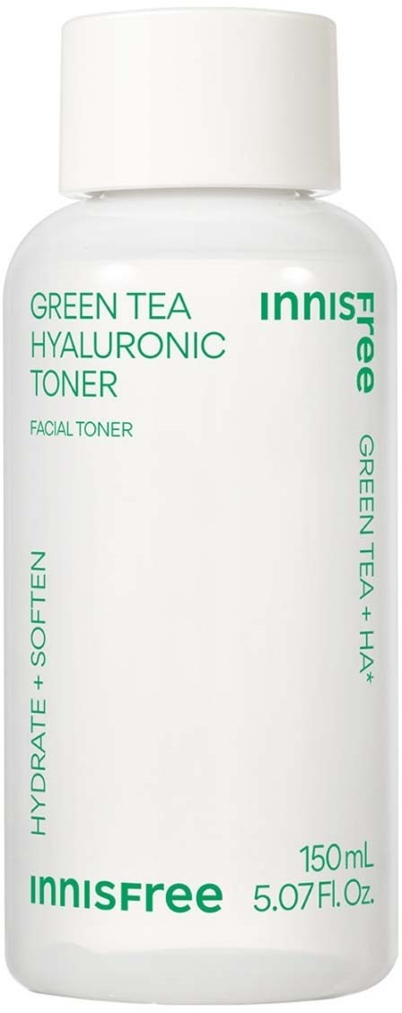 Vit flaska med Innisfree Green Tea Hyaluronic Toner med grön text, 150 ml för återfuktning och lugnande av huden.