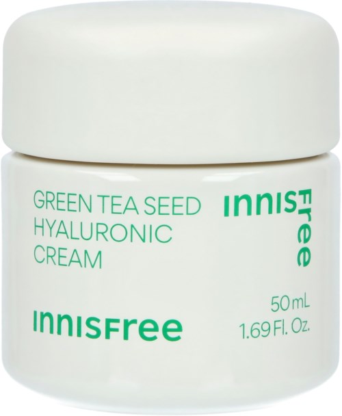 Een witte doos met groene thee zaad hyaluronische crème van Innisfree, 50 ml.