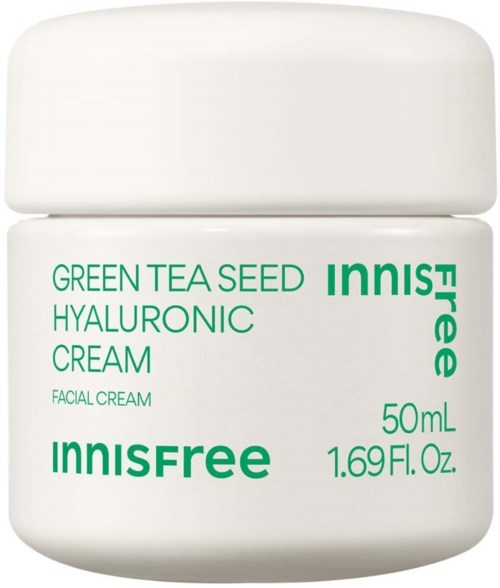 En vit burk med Innisfree Green Tea Seed Hyaluronic Cream med grön och svart text på etiketten.