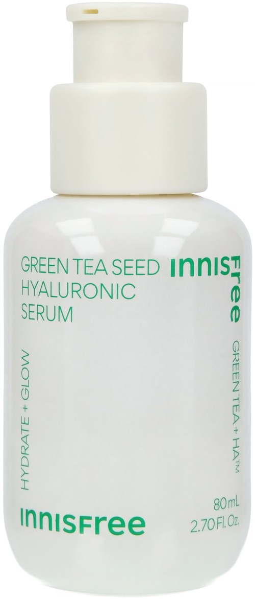 Een witte fles met pomp, gelabeld 'Innisfree Green Tea Seed Hyaluronic Serum', bevat 80ml huidverzorgingsproduct.