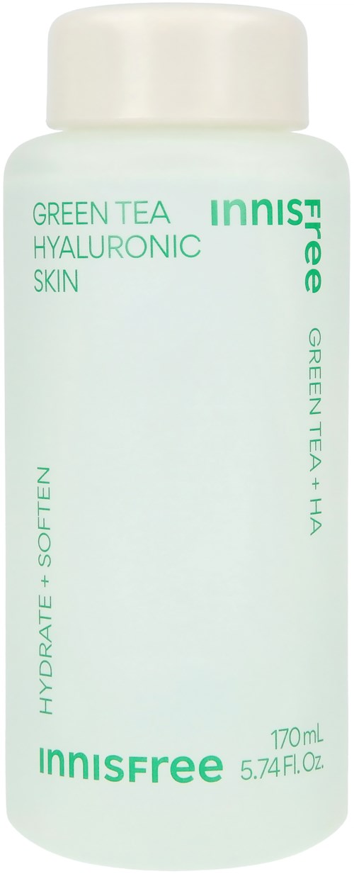 Een lichtgroene fles met Innisfree Green Tea Hyaluronic Skin moisturizer, witte dop en eenvoudig labelontwerp.