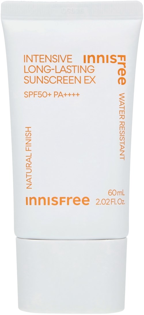 Witte tube met Innisfree zonnebrandcrème, oranje tekst, SPF50+ en PA++++, waterbestendig en natuurlijke finish.