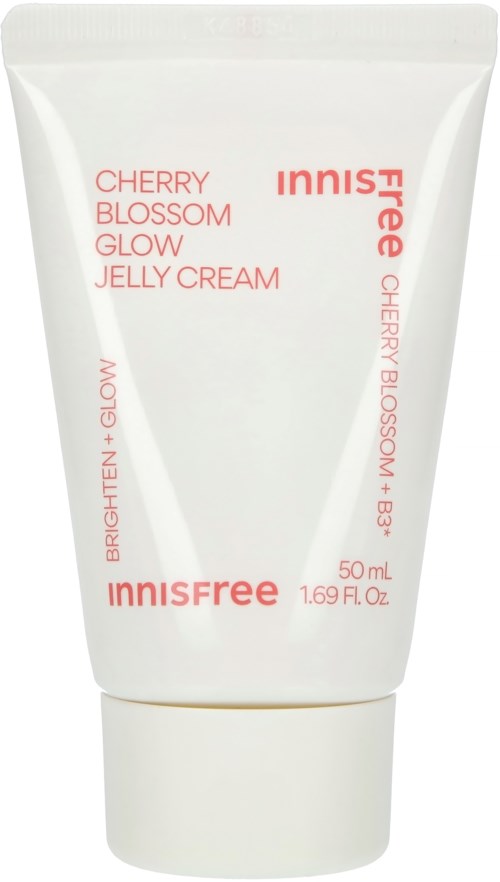 Een witte tube innisfree Cherry Blossom Glow Jelly Cream met rode tekst benadrukt de kenmerken.