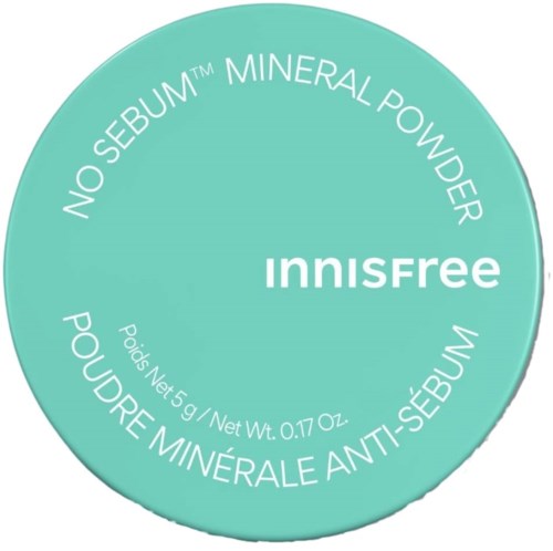 Innifree mineralpuder i en turkos dosa utan sebum eller mineralingredienser, nettovikt 5 gram.