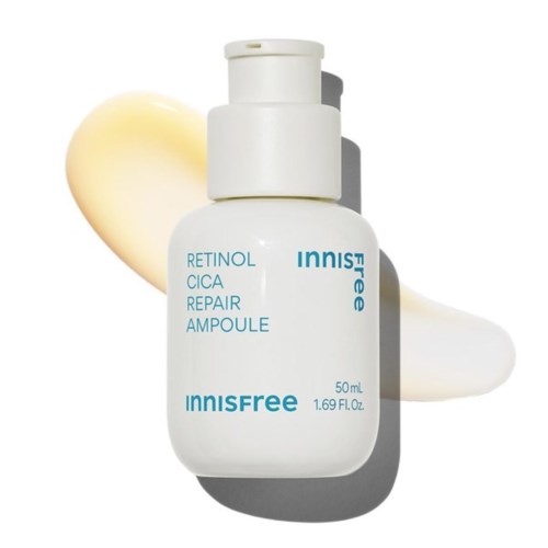 Een witte fles van Innisfree Retinol Cica Repair Ampoule met crème of lotion erachter.