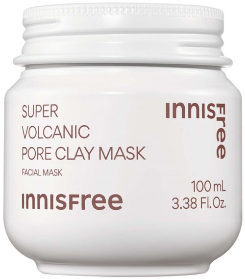Vit burk med Innisfree Super Volcanic Pore Clay Mask med brunt text och lock.