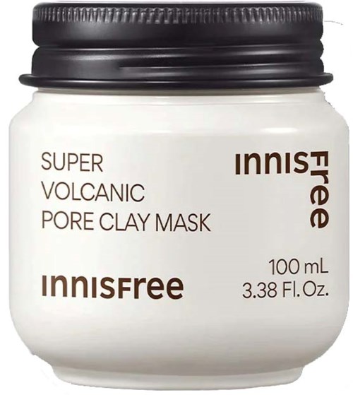 Een witte pot met zwarte deksel, met label 'Super Volcanic Pore Clay Mask' door Innisfree, bevat 100 mL.