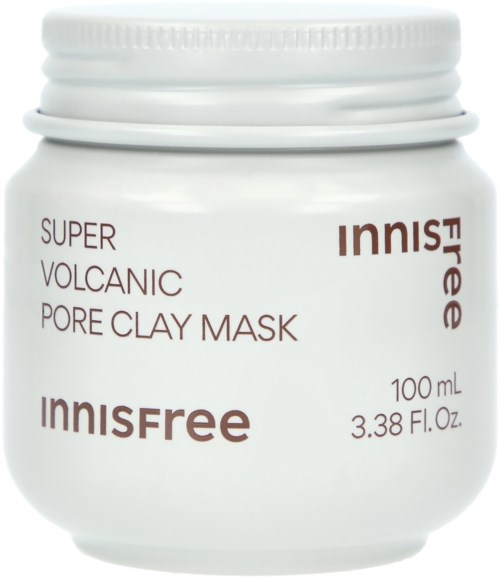 Een witte potje Innisfree Super Volcanic Pore Clay Mask met witte schroefdop en productinformatie op het label.