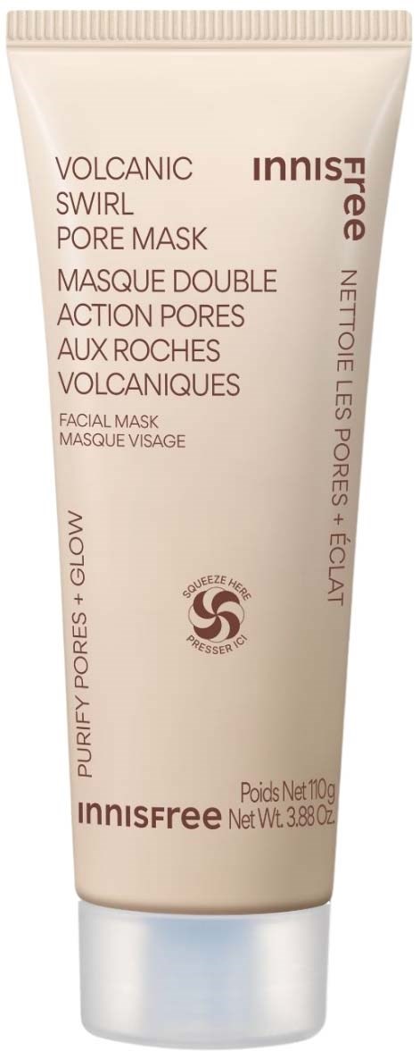 En beige ansiktsmaskrör med innisfree-märke som specificerar vulkansväng pore mask för att rengöra och rensa porerna.