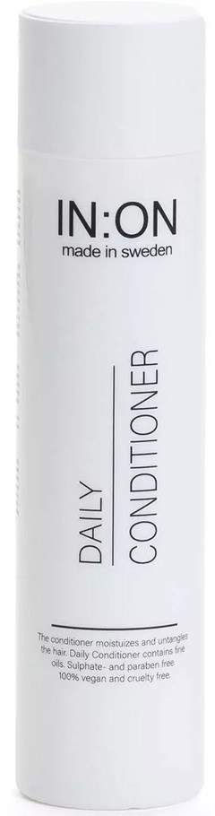 A white cylindrical bottle labeled IN:ON Daily Conditioner from Sweden. It claims to moisturize and untangle hair.