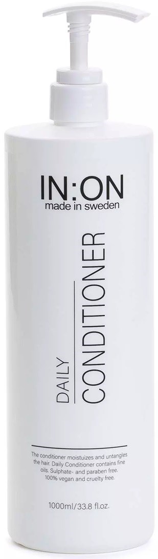 A white bottle of daily conditioner with a pump, labeled IN:ON made in Sweden, 1000ml.