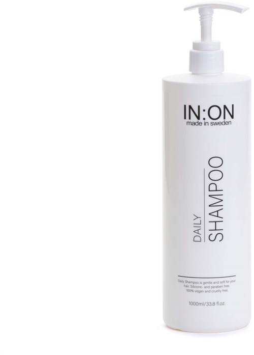A white bottle of daily shampoo with a pump dispenser, labeled IN:ON, made in Sweden.
