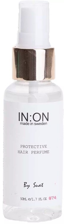 A clear bottle with a white pump contains protective hair perfume, labeled IN:ON, made in Sweden.