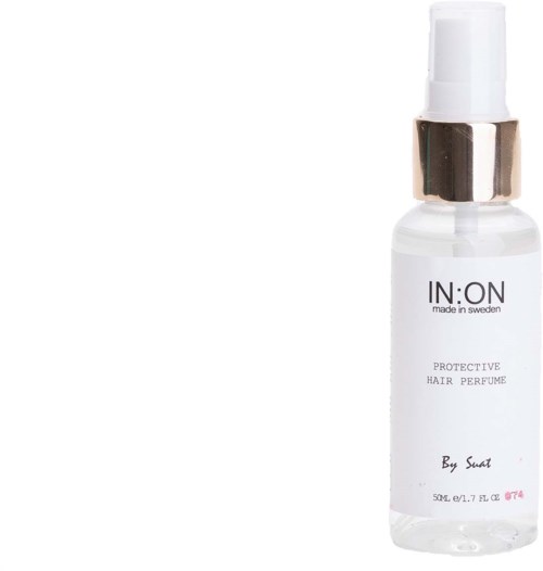 A white spray bottle with a pump and silver band, labeled as protective hair perfume, from the brand IN:ON.
