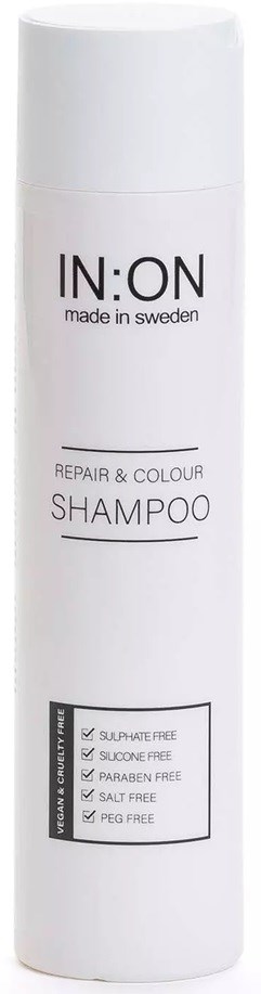 A white shampoo bottle labeled IN:ON made in Sweden, free of sulphates, silicones, parabens, salt, and PEG.