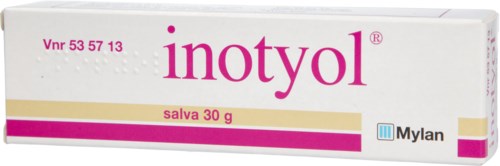 En box av Inotyol-kräm med rosa och beige design, visar varumärke och vikt. Mylan-logga finns.