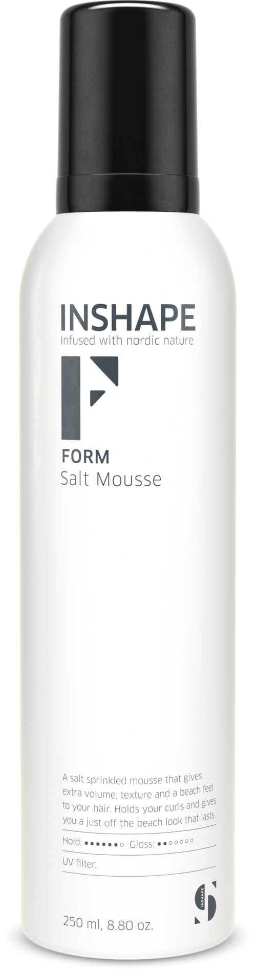 Eine weiße Flasche mit schwarzem Deckel, gekennzeichnet INSHAPE FORM Salt Mousse, enthält ein schäumendes Produkt für das Haardesign.