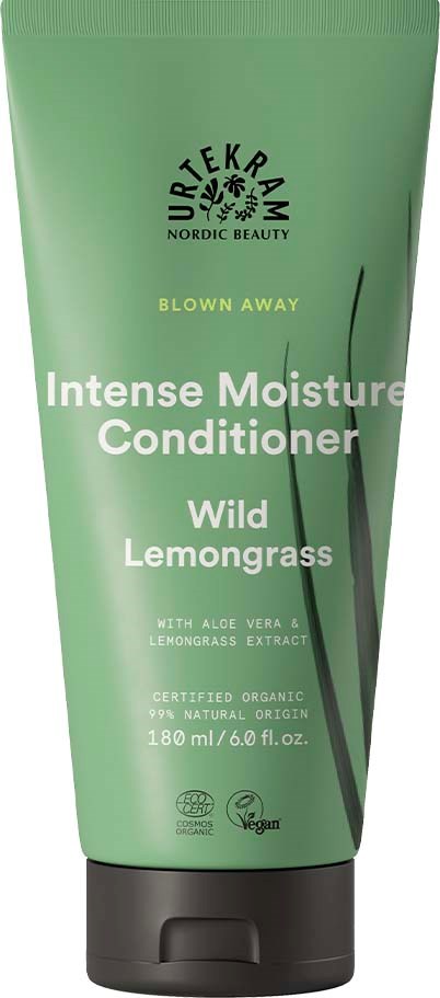 Een groene tube van Nordic beautymerk Urtekram met zwarte dop, gelabeld 'Intense Moisture Conditioner' met wilde citroengrasgeur.