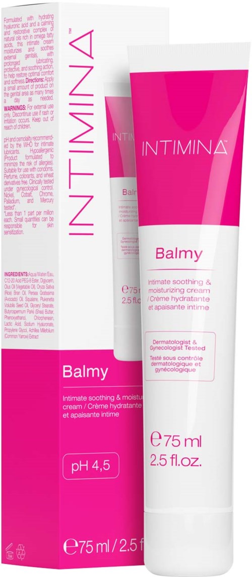Eine Tube und Schachtel mit Intimberuhigungs- und Feuchtigkeitscreme namens Balmy, pink und weiß, mit pH 4,5, 75 ml.