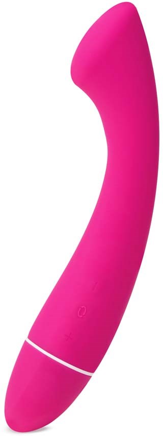 Ein rosa, gebogener, glatter Gegenstand in Form eines Vibrators. Es scheint aus weichem Material zu sein.