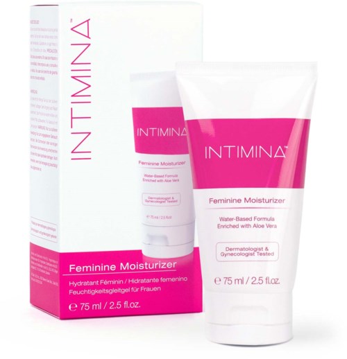 Eine weiße und pinke Tube und Box von Intimina Feminine Moisturizer, mit Text über Aloe Vera und Hautvorteile.