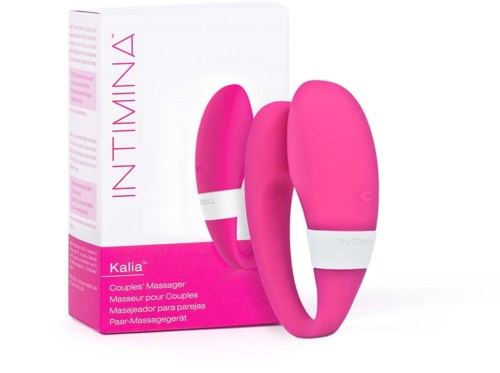 Roze koppelmassagers met witte banden, in een doos met 'INTIMINA' en 'Kalia'.