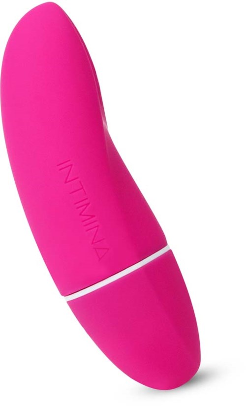 Een roze, gebogen, glad voorwerp met het woord "INTIMI" erop, waarschijnlijk een persoonlijk verzorgingsproduct.