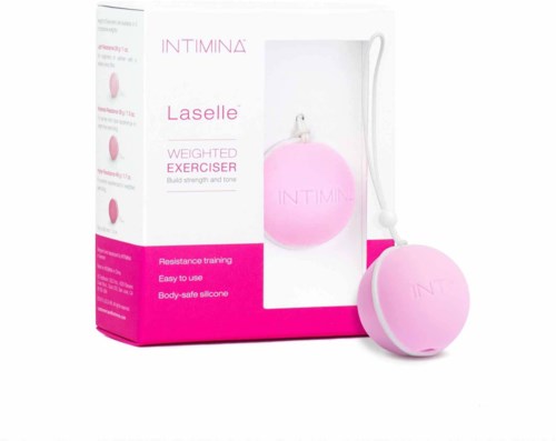 Ein rosa Gewichtester Übungskugel mit Schnur, in Verpackung mit Text zu Verwendung und Eigenschaften.