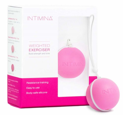 Ein rosa gewichteter Fitness-Controller mit weißen Schnur, im weißen und rosa Karton mit 'INTIMINA'.