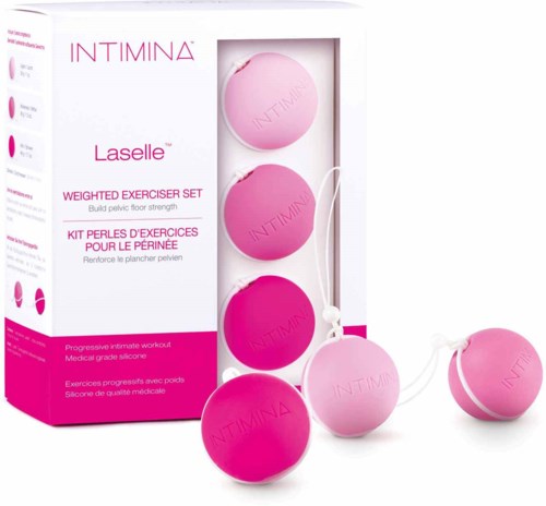 Ein rosa Trainingssatz mit vier Gewichtskugeln und einer Schnur zur Stärkung des Beckenbodens.