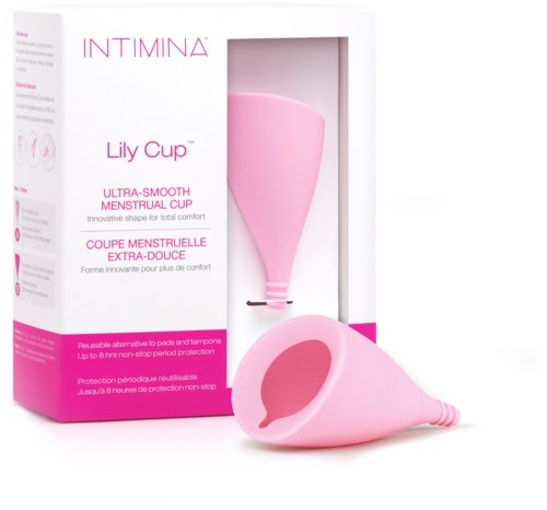 Rosa Menstruationscup mit Verpackung, die Markenname, Produktdetails und Gebrauchsanweisung zeigt.