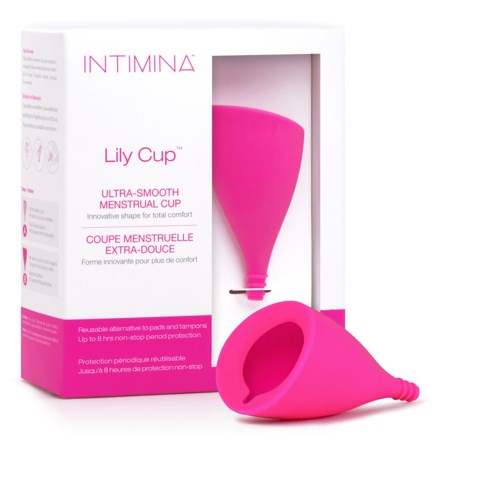 Rosa Menstruationstasse mit Box, für Komfort und Schutz während der Menstruation.