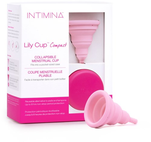 Rosa zusammenklappbarer Menstruationsbecher mit Verpackung, die Produktname und Beschreibung zeigt.