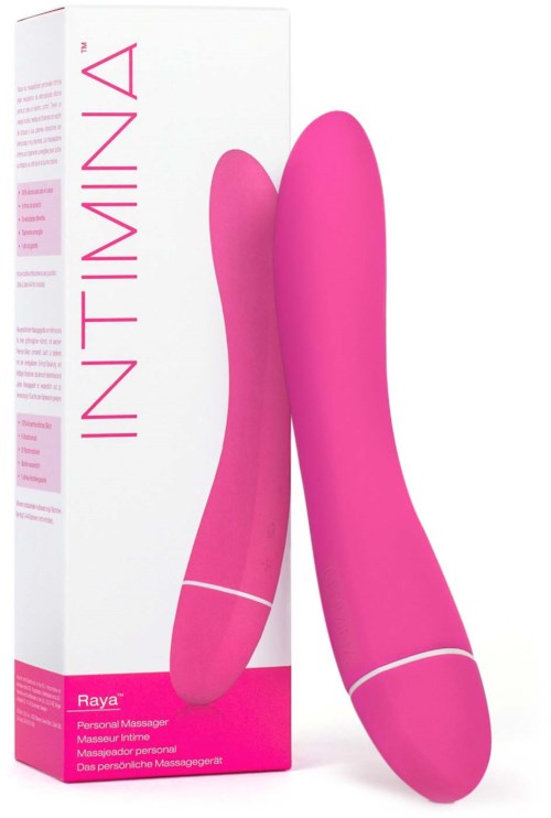 Pinkfarbener persönlicher Masseur mit schlanker, gebogener Form, vor seiner weißen und pinken Verpackung.