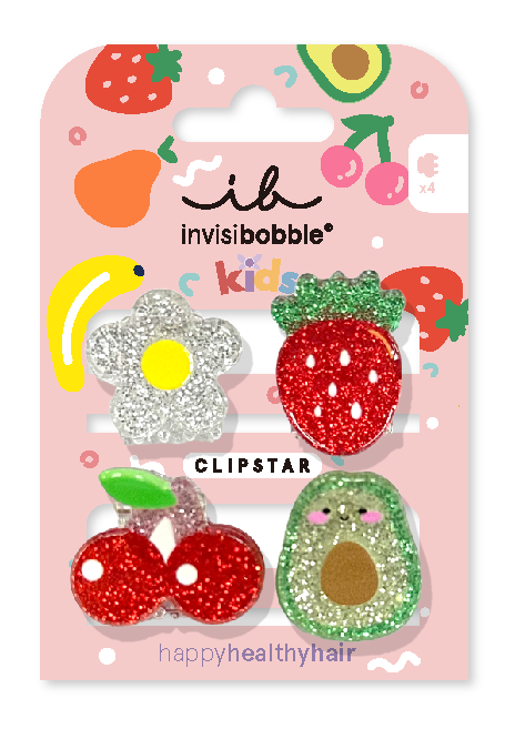 A set of colorful hair clips shaped like fruits and vegetables, with glitter and cheerful designs for children.