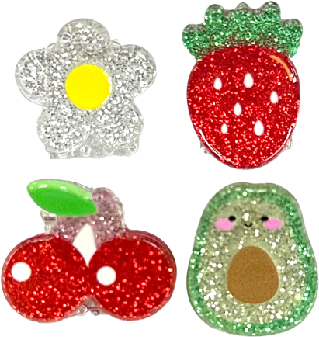 Four colorful, glittery gel pins shaped like a flower, strawberry, cherries, and an avocado. Bright and playful design.