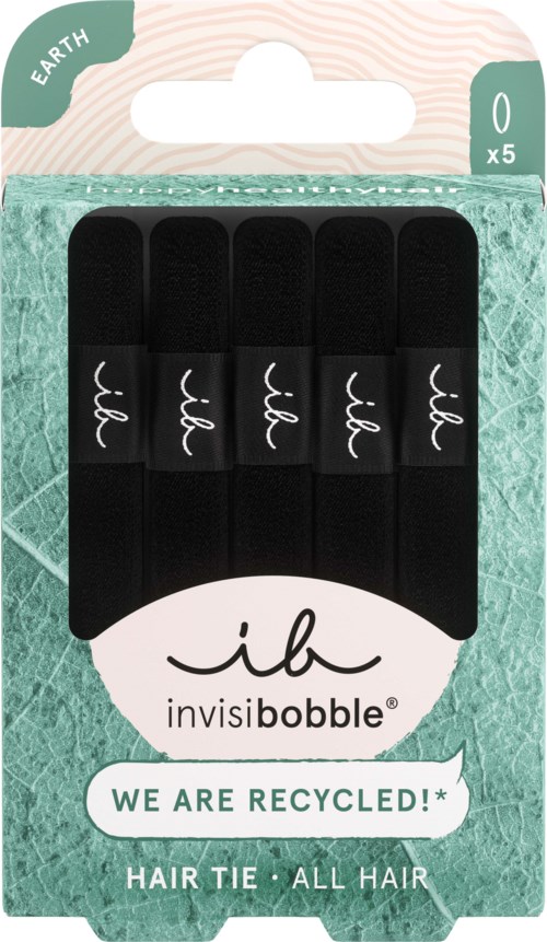 Set of five black hair ties with white logo, packaging indicates they are recyclable and suitable for all hair types.