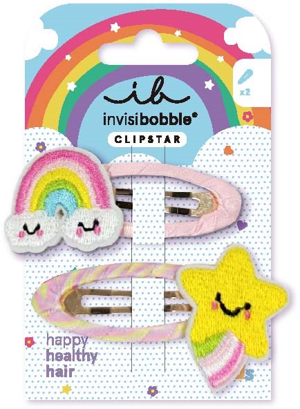 Colorful rainbow, clouds with smiling faces, star-shaped hair clip, and hair accessories for children.
