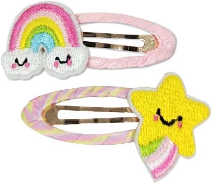Two colorful hair clips decorated with a rainbow cloud and a smiling star. They are pink and yellow with cute faces.