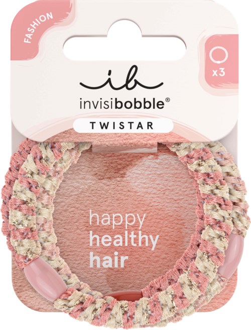 A hair ring with pink, cream, and white fibers, marketed for healthy, happy hair. Contains three pieces.