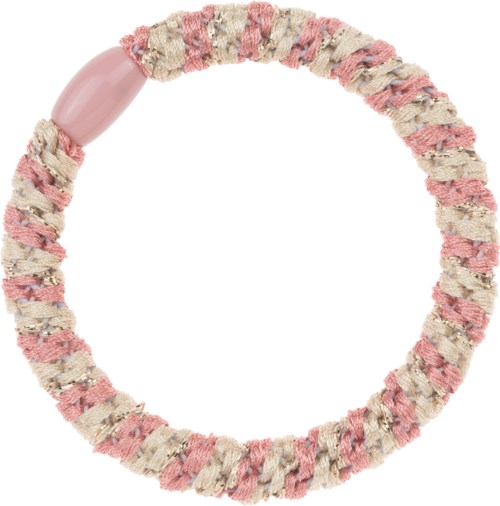 A round cloth bracelet with pink and beige colors and a pink clasp. It is made of braided fabric.