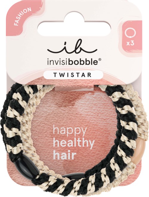 A packaging of three black and white twist hairbands with a pink background, highlighting happiness and healthy hair.