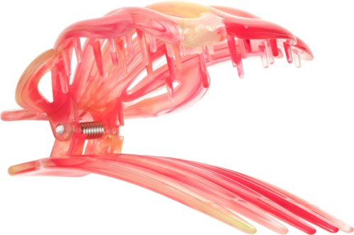 A pink and transparent plastic fish-shaped toy with a spring, fins, and a tongue, floating in space.