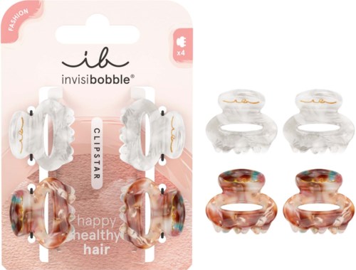 Four hair clips in clear and colorful designs displayed on packaging and detached clips.
