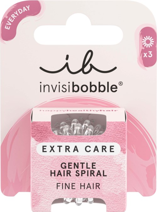 A pink package with transparent cap holding gentle hair spiral hair care capsules, labeled for fine hair, from the brand invisiblebobble.