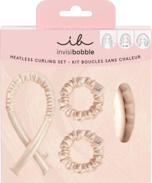 Set of heatless curling tools in soft beige color, includes three differently sized scrunchies and one headband.